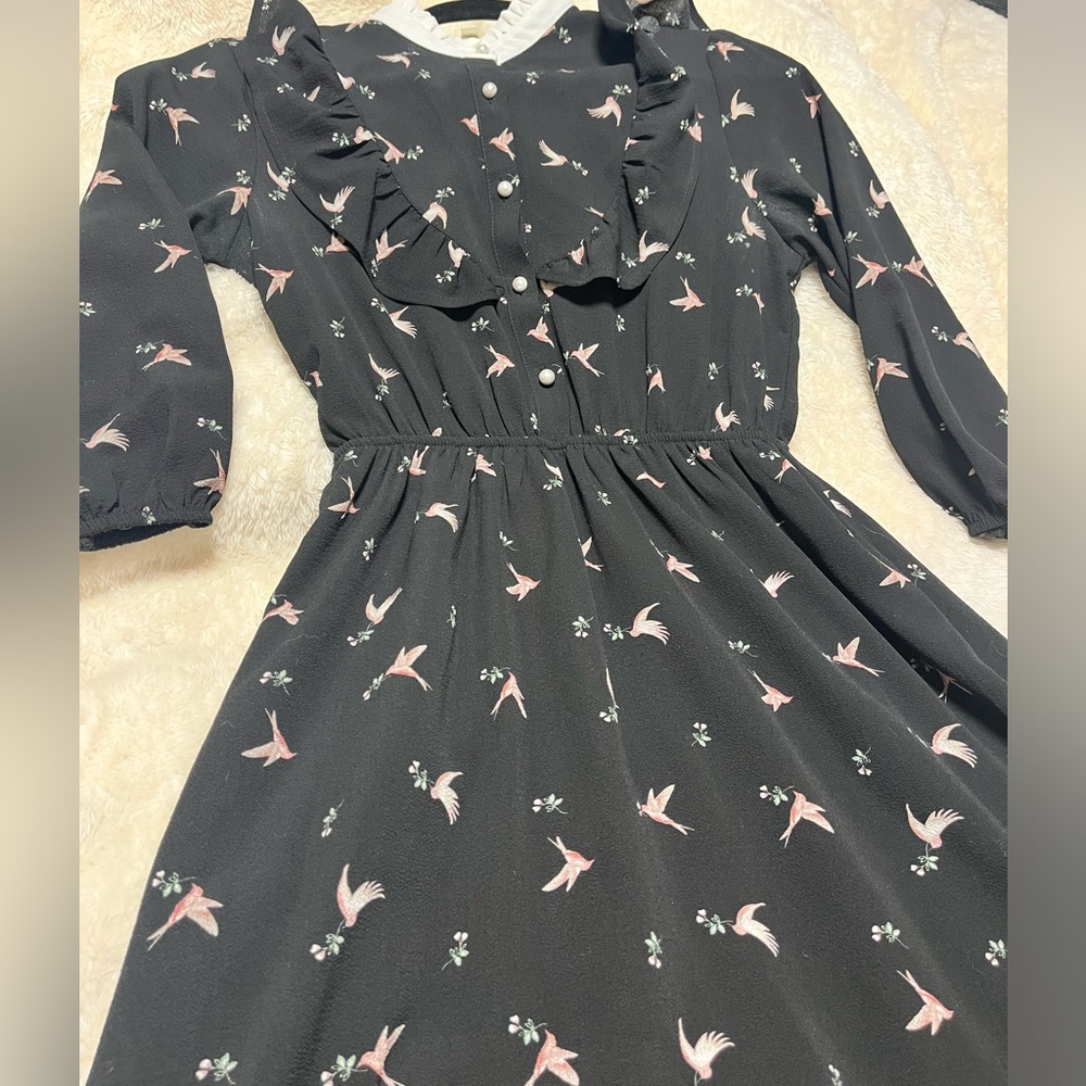 Wednesday Addams-esque Floral bird dress, peak buttons, ruffles! EUC
